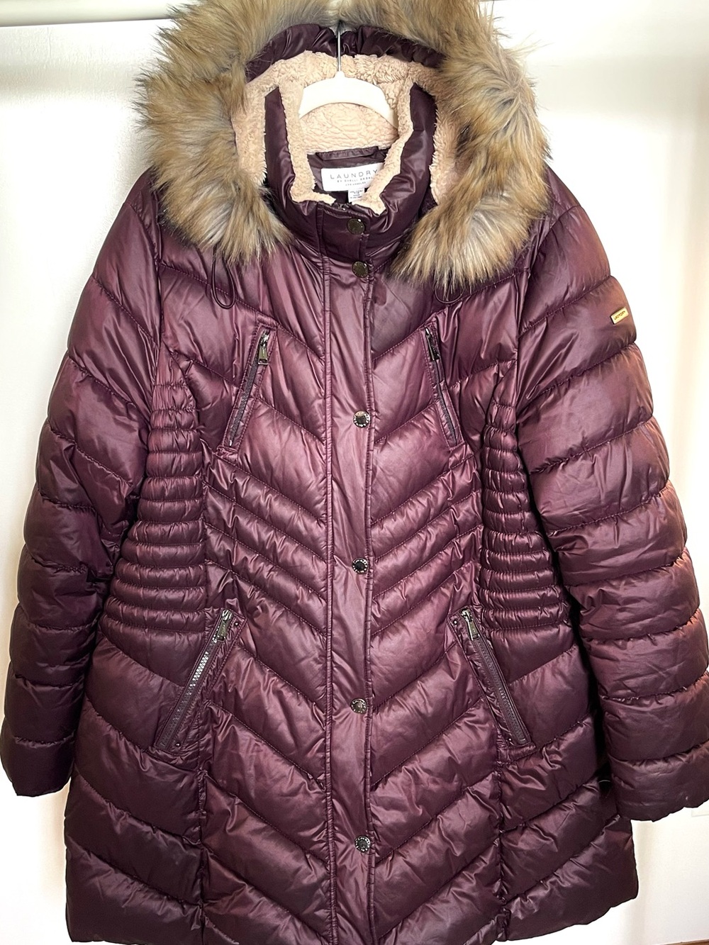 Laundry by Shelli Segal Purple Chevron Quilted Puffer Coat Faux Fur Hood XXL